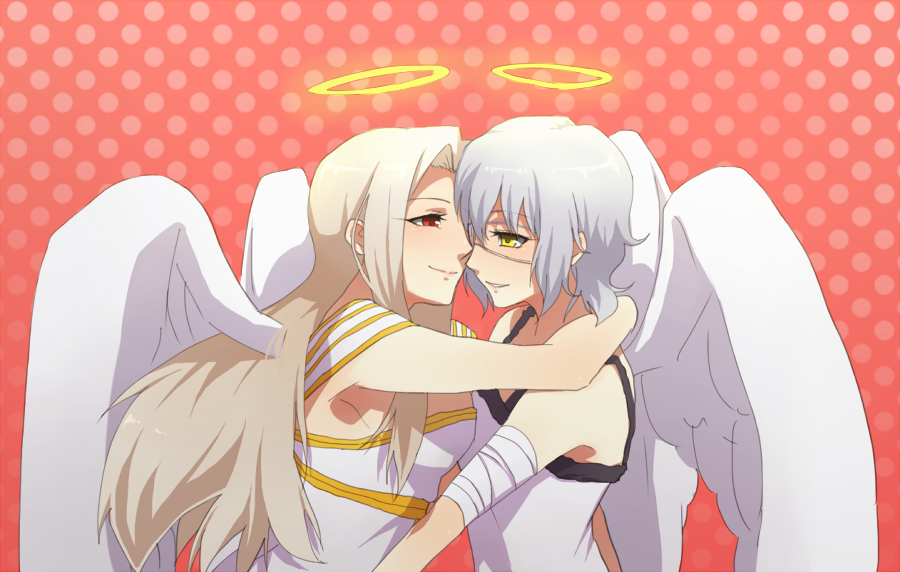 2girls angel aoimio bandages blush claudia_hortensia dress eye_contact eyepatch fate/zero fate_(series) female_focus grey_hair halo hug imminent_kiss irisviel_von_einzbern irisviel_von_einzbern_(angel&#039;s_song) long_hair looking_at_another multiple_girls red_eyes short_hair smile white_hair wings yellow_eyes yuri