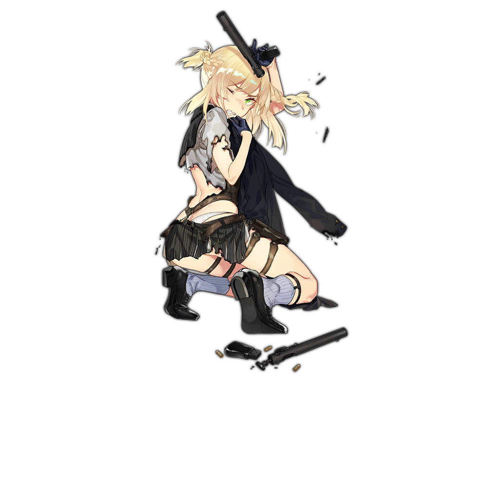 .32_acp 1girl ammunition ass blonde_hair blush bolt_action braid bullet clenched_teeth covering_breasts covering_privates damaged defeat full_body girls&#039;_frontline gloves green_eyes gun hair_half_undone handgun handgun_cartridge holding holding_gun holding_weapon holster integral_suppressor integrally-suppressed_firearm looking_at_viewer looking_back military military_uniform official_art panties pistol_cartridge shirt shoe_soles short_twintails skirt solo suppressor teeth thigh_holster torn_clothes torn_shirt torn_skirt transparent_background twintails underwear ushi_(newrein) weapon welrod welrod_mk_ii welrod_mkii_(girls&#039;_frontline) white_panties