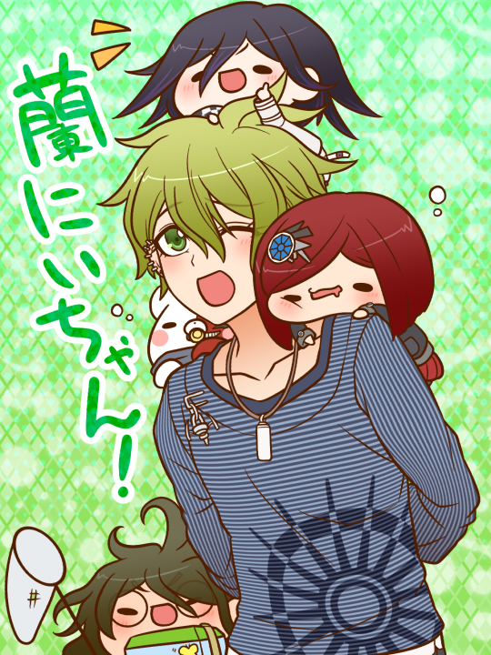 1girl 3boys amami_rantaro antenna_hair argyle_background arm_belt arms_behind_back bear belt belt_buckle black-framed_eyewear black_eyes black_jacket black_scarf black_sleeves blazer blue_gemstone blue_shirt blue_sleeves blunt_ends bob_cut brooch buckle bug butterfly butterfly_net cage checkered_clothes checkered_scarf chibi chibi_on_head chibi_on_shoulder cowboy_shot danganronpa_(series) danganronpa_v3:_killing_harmony drooling ear_piercing eyelashes gem gem_hair_ornament glasses gokuhara_gonta gradient_background green_background green_eyes green_hair hair_between_eyes hand_net holding holding_butterfly_net holding_cage insect bug_cage jacket jewelry layered_sleeves light_blush long_hair long_sleeves looking_at_another looking_up messy_hair miniskirt monotaro_(danganronpa) multiple_belts multiple_boys multiple_piercings no_headwear notice_lines oma_kokichi on_head one_eye_closed open_belt open_mouth pacifier pendant piercing pocket pointing pointing_up polka_dot polka_dot_background purple_hair red_hair red_skirt round_eyewear scarf shirt short_hair simple_background skirt sleepy smile solid_oval_eyes squeans striped_clothes striped_shirt thick_eyebrows thigh_belt thigh_strap translation_request unmoving_pattern v-shaped_eyebrows vertical-striped_sleeves wavy_eyebrows white_belt white_jacket white_sleeves white_undershirt yellow_butterfly yumaru_(marumarumaru) yumeno_himiko