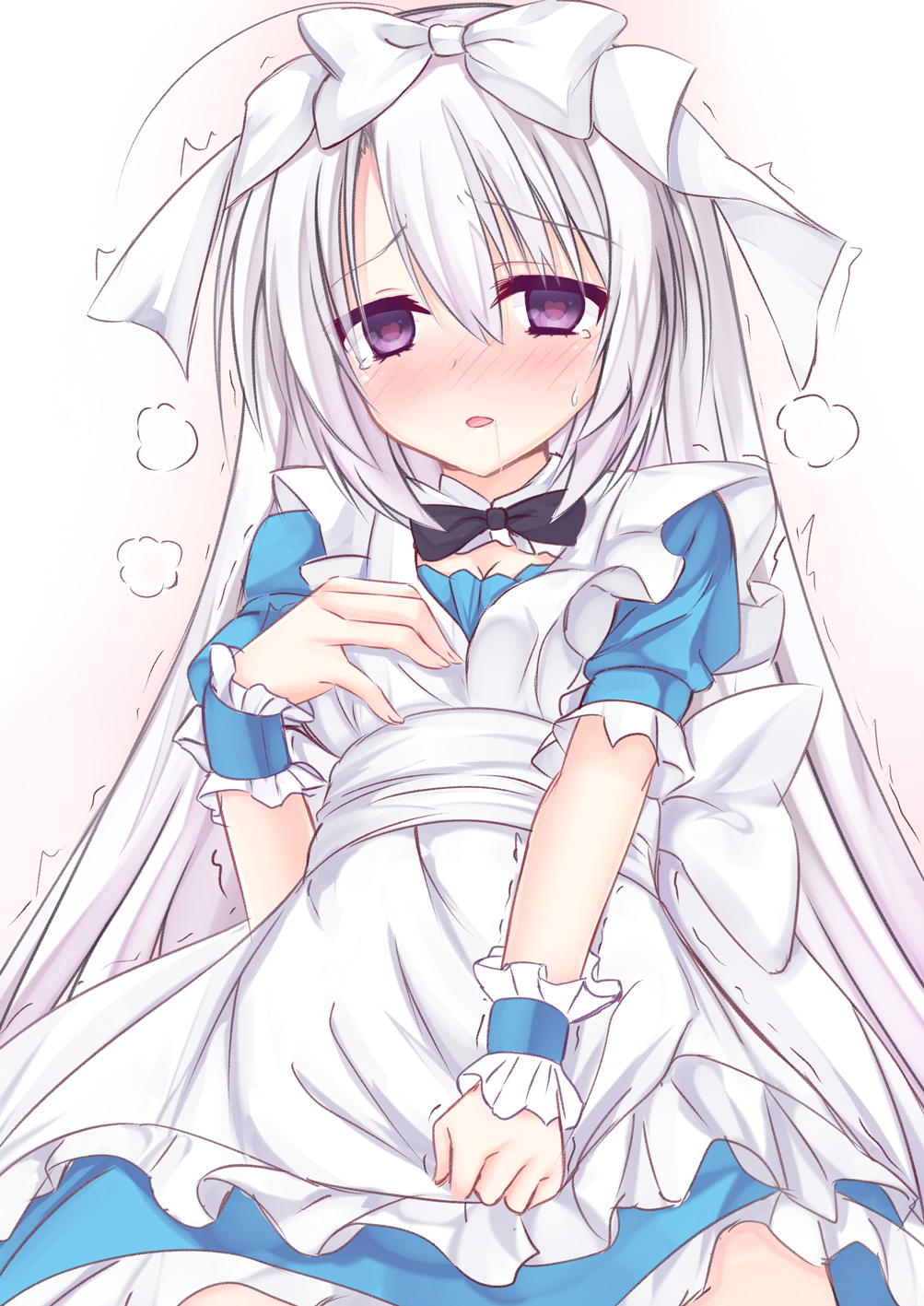 1girl ahoge alice_(alice_in_wonderland) alice_(alice_in_wonderland)_(cosplay) alice_in_wonderland alternate_costume apron apron_grab aroused ayachi_nene back_bow blue_dress blue_wrist_cuffs blush bow breasts cleavage clenched_hand clothes_grab commentary_request cosplay cowboy_shot dress drooling empty_eyes frilled_apron frilled_cuffs frills furrowed_brow grabbing_own_breast hair_between_eyes hair_bow hair_ribbon hand_up heart heart-shaped_pupils highres igarashi_kenji implied_after_masturbation long_hair looking_at_viewer mouth_drool nose_blush open_mouth partial_commentary purple_eyes ribbon sanoba_witch short_sleeves small_breasts solo standing straight_hair symbol-shaped_pupils tears twitching very_long_hair visible_air waist_apron white_bow white_hair white_ribbon wrist_cuffs