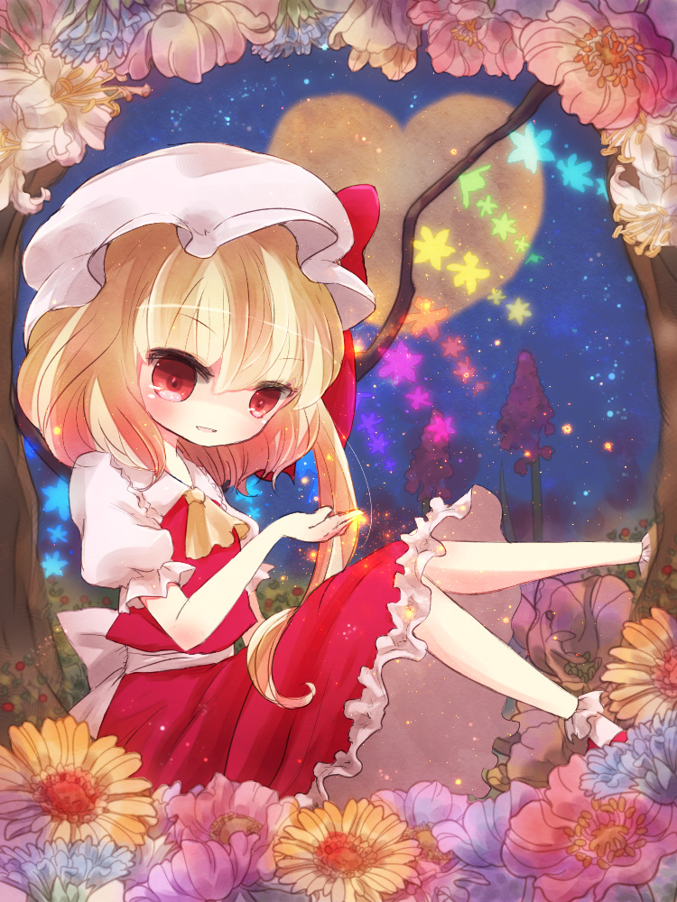 1girl bad_id bad_pixiv_id blouse collared_shirt female_focus flandre_scarlet flower hair_between_eyes hat heart mob_cap red_eyes shirt sky socks solo star_(sky) starry_sky touhou white_hat white_shirt white_socks yoshida_(nono_ko)