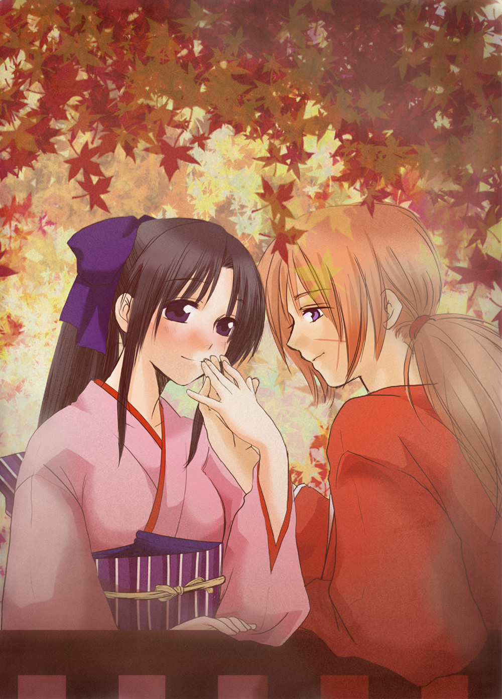 1boy 1girl black_hair blue_ribbon couple highres himura_kenshin japanese_clothes kamiya_kaoru kimono long_hair orange_hair purple_eyes ribbon rurouni_kenshin sayaka_(artist) scar