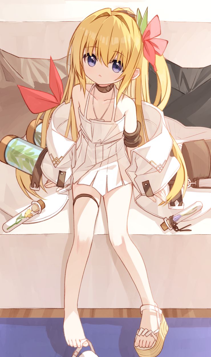 1girl bare_shoulders barefoot blonde_hair bow brown_sandals collarbone dress flower_girl_(yuuhagi_(amaretto-no-natsu)) hair_between_eyes hair_bow hair_intakes highres jacket long_hair looking_at_viewer off_shoulder one_side_up open_clothes open_jacket original parted_lips platform_sandals purple_eyes red_bow sandals sitting sleeveless sleeveless_dress solo very_long_hair white_dress white_jacket yuuhagi_(amaretto-no-natsu)