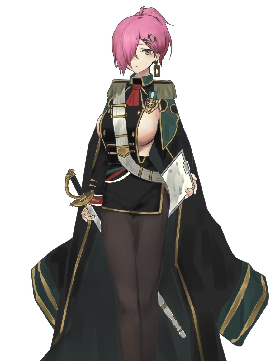 1girl azur_lane bii_bii_(bronzeii002) black_coat black_jacket black_pantyhose black_skirt breasts closed_mouth coat earrings epaulettes feet_out_of_frame green_eyes hair_ornament hair_over_one_eye hairclip holding holding_weapon jacket jewelry large_breasts long_sleeves looking_at_viewer military military_uniform miniskirt mole mole_under_eye neckerchief no_bra pantyhose pencil_skirt pink_hair ponytail red_neckerchief sheath sheathed short_hair sideboob simple_background skirt solo standing sword trieste_(azur_lane) weapon white_background