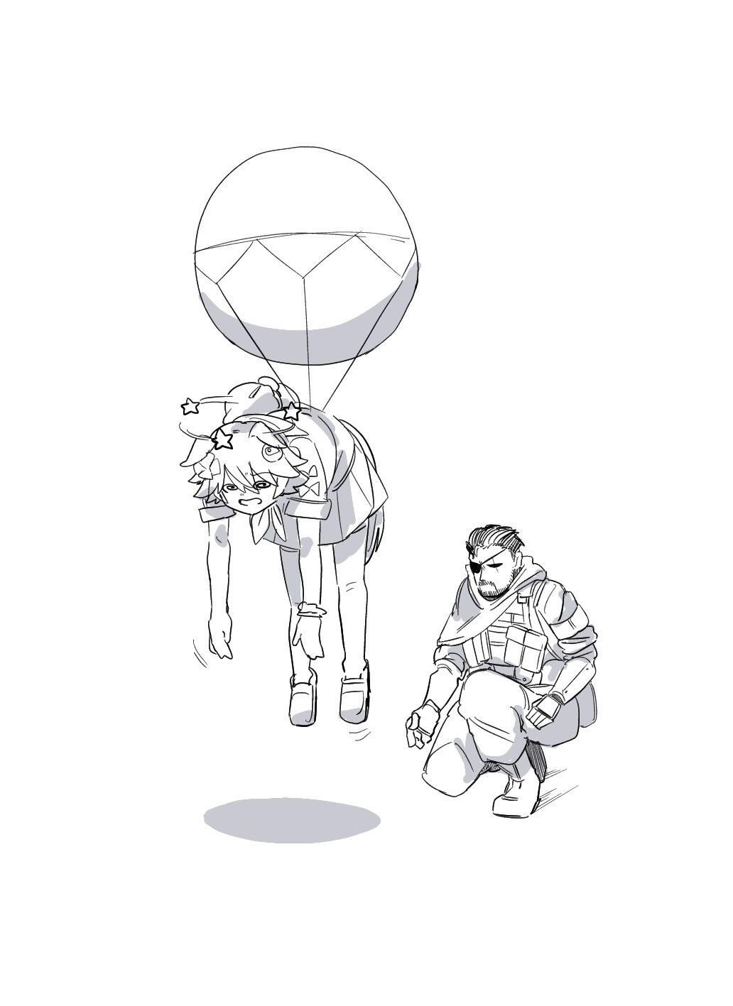 1boy 1girl @_@ animal_ears balloon beard breasts commentary_request eyepatch facial_hair hair_between_eyes hair_ornament highres horse_ears horse_girl kneeling matikanefukukitaru_(umamusume) medium_breasts metal_gear_(series) metal_gear_solid_v:_the_phantom_pain military_uniform nazono77 open_mouth scarf shoes thighhighs umamusume umamusume:_party_dash unconscious venom_snake white_background
