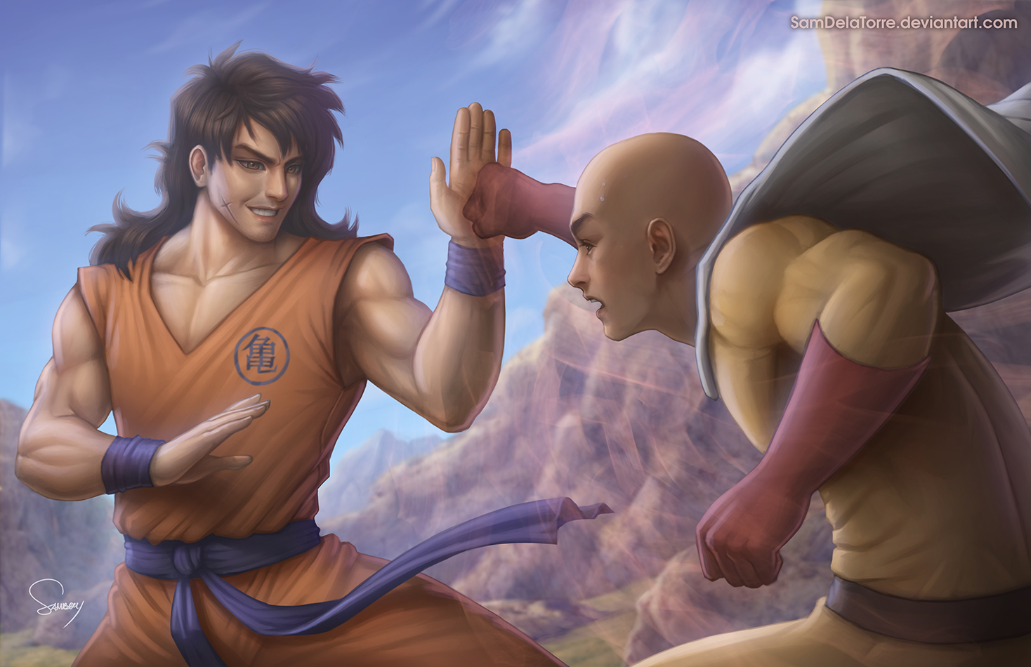 2boys bald black_hair blocking brown_eyes cape commentary crossover dragon_ball dragonball_z male_focus mountain multiple_boys one-punch_man punching realistic saitama_(one-punch_man) sam_delatore scar smile surprised yamcha