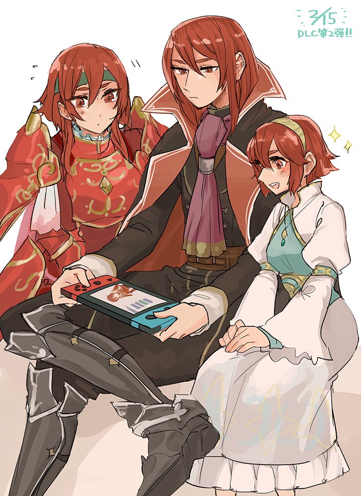 2girls armor blush boots dress fire_emblem fire_emblem:_mystery_of_the_emblem fire_emblem_warriors gloves hairband headband long_hair maria_(fire_emblem) minerva_(fire_emblem) misheil_(fire_emblem) multiple_girls nintendo nintendo_switch open_mouth red_eyes red_hair short_hair siblings sisters smile tnmrdgr white_background