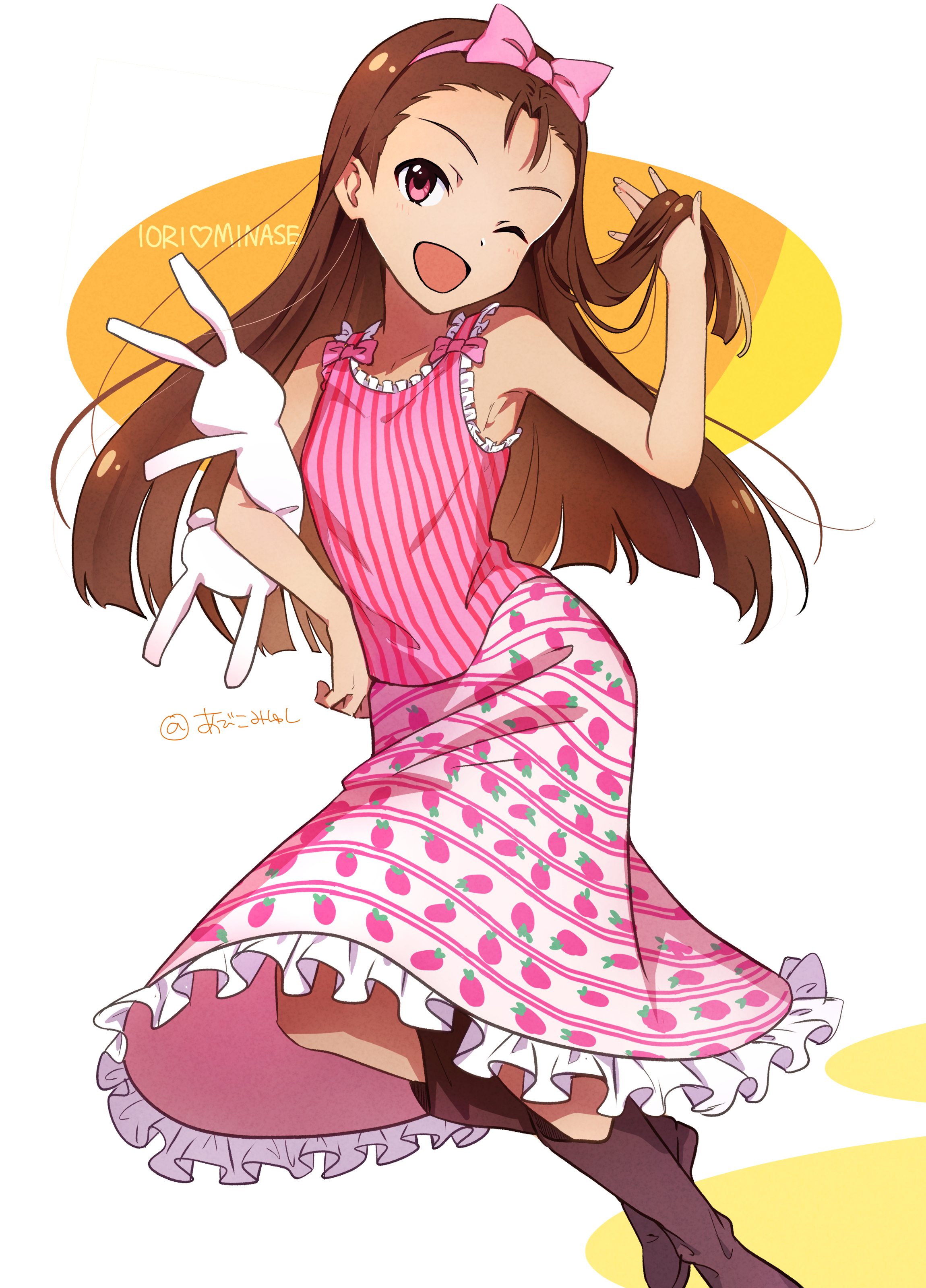 1girl abicomiyushi absurdres armpits artist_name boots breasts brown_boots brown_eyes brown_hair character_name dot_nose food_print frilled_skirt frills fruit_print hair_ribbon hairband hand_in_own_hair hand_up highres holding holding_stuffed_toy idolmaster idolmaster_(classic) idolmaster_million_live! idolmaster_million_live!_theater_days knee_boots leg_up long_hair looking_at_viewer minase_iori one_eye_closed open_mouth pink_ribbon pink_shirt pink_skirt print_skirt red_eyes ribbon ribbon-trimmed_shirt ribbon_trim shirt signature skirt sleeveless sleeveless_shirt small_breasts smile solo standing standing_on_one_leg strawberry_print striped_clothes striped_shirt striped_skirt stuffed_animal stuffed_rabbit stuffed_toy two-tone_background usa-chan_(idolmaster)