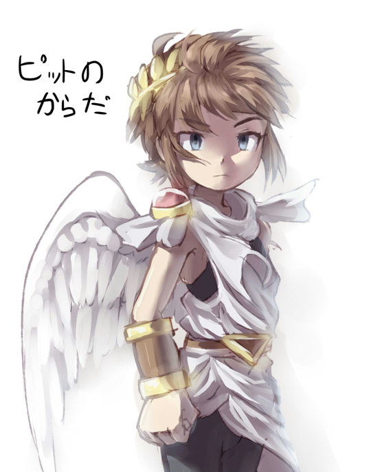 1boy angel angel_wings annoyed azumi_(tks-sd) belt bracer brown_belt clenched_hand closed_mouth feathered_wings frown kid_icarus kid_icarus_uprising male_focus nintendo pit_(kid_icarus) sidelocks solo white_background white_wings wings