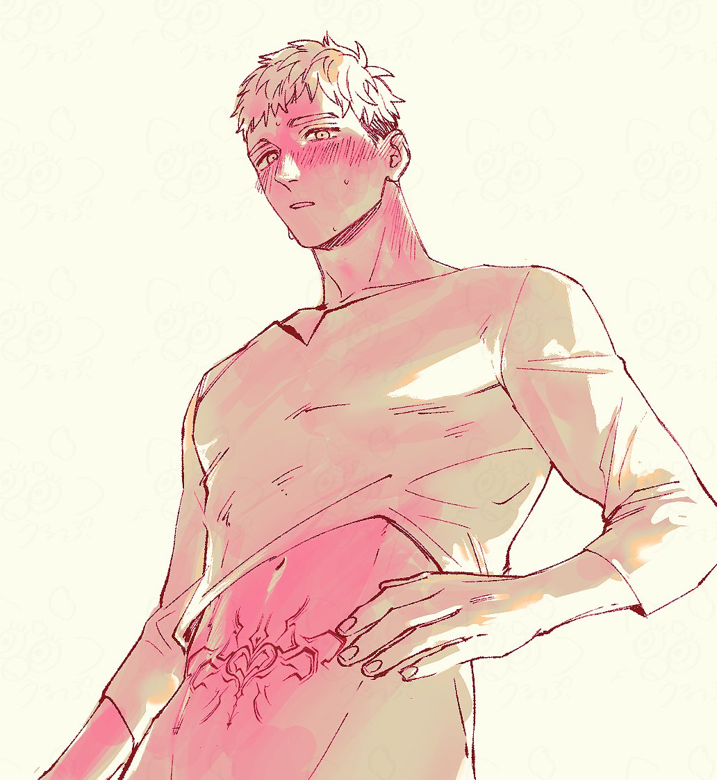 1boy blush commentary_request dungeon_meshi groin hand_on_own_stomach hand_up heart heart_tattoo laios_touden long_sleeves looking_at_viewer male_focus monochrome parted_lips shirt short_hair simple_background solo stomach stomach_tattoo sweat tattoo undercut upper_body urup_zzz very_short_hair yellow_background