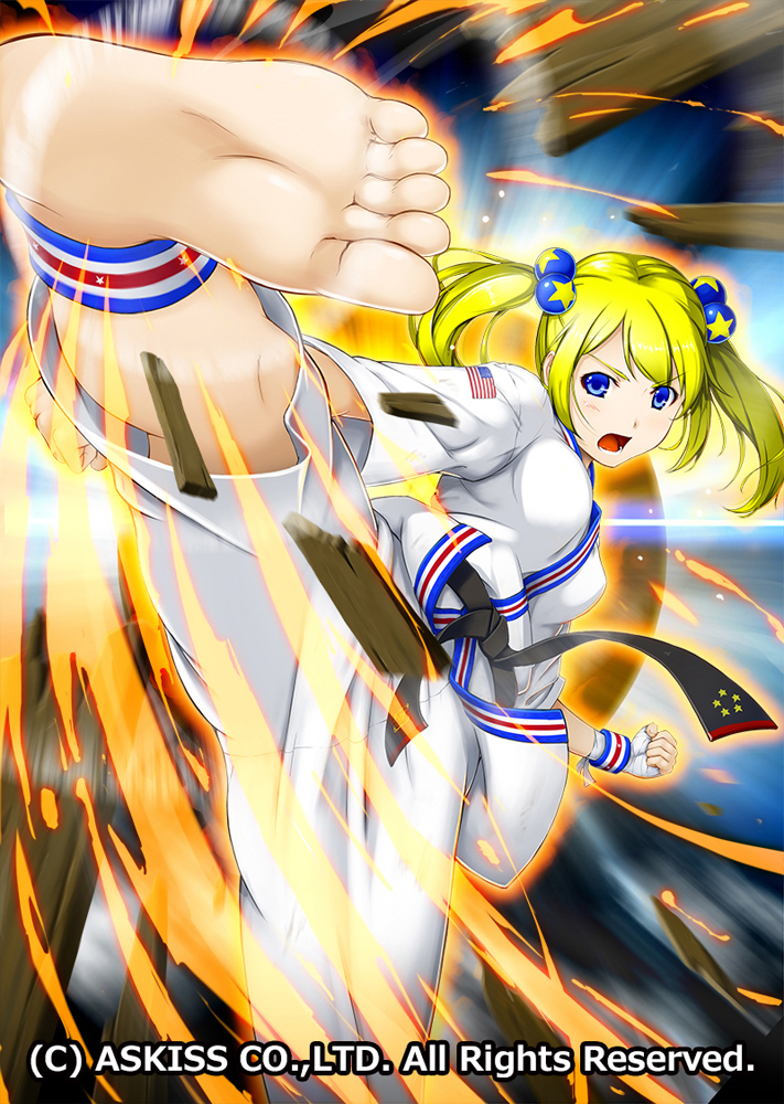 1girl ankleband anklet bandaged_hand bandages barefoot blonde_hair blue_eyes dougi feet female_focus foot_focus halcyon jewelry kicking long_hair original soles solo standing standing_on_one_leg toes twintails united_states v-shaped_eyebrows wrist_wrap