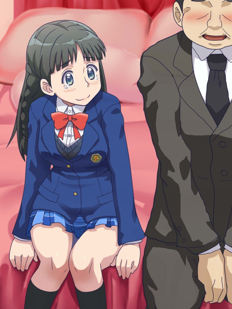1boy 1girl awa bed blue_eyes blush braid breasts closed_mouth formal_clothes long_hair necktie ojou_(galko) old old_man open_mouth oshiete!_galko-chan school_uniform skirt smile suit tearing_up