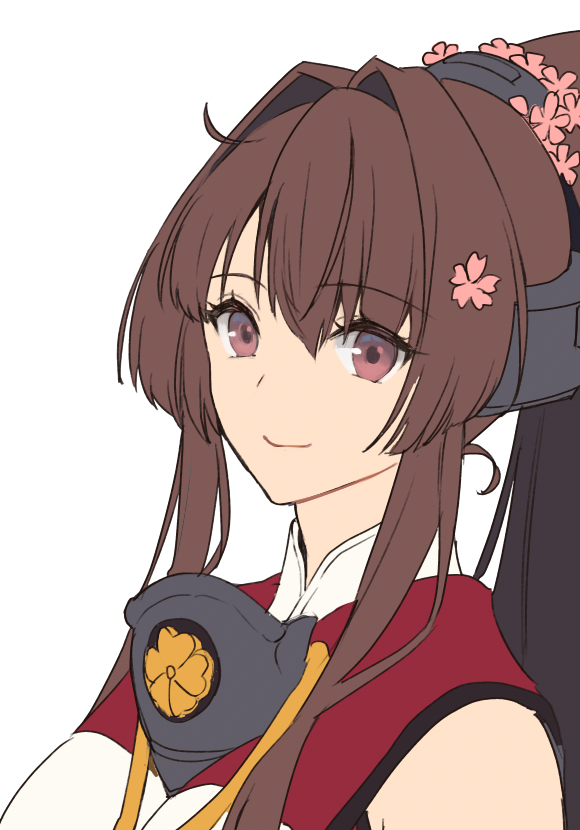 1girl brown_eyes brown_hair cherry_blossoms commentary_request flower hair_between_eyes hair_flower hair_ornament headgear kantai_collection kasumi_(skchkko) long_hair looking_at_viewer ponytail simple_background sketch smile solo upper_body very_long_hair white_background yamato_(kancolle)