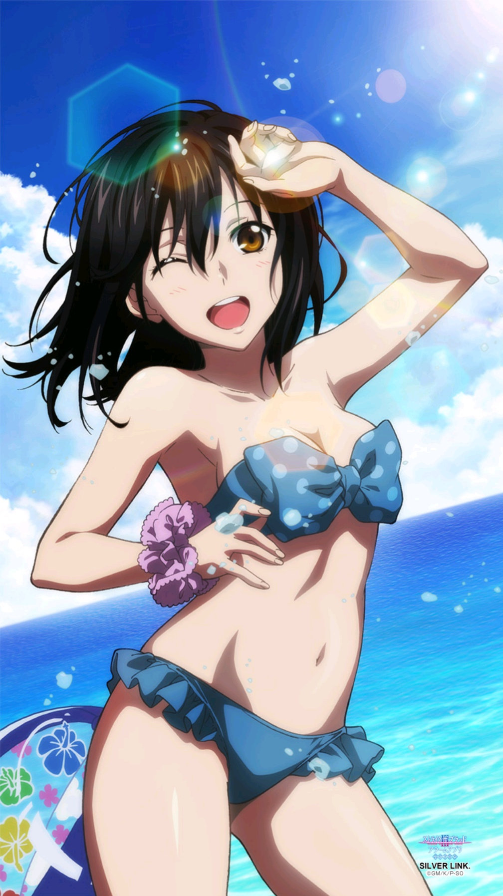 ;d bad_id bad_twitter_id ball beachball bikini black_hair blue_bikini breasts cleavage cloud dutch_angle frilled_bikini frills hand_on_own_forehead highres himeragi_yukina lens_flare medium_breasts ocean official_art one_eye_closed open_mouth outdoors polka_dot polka_dot_bikini polka_dot_bikini_top scrunchie short_hair sky smile strike_the_blood swimsuit yellow_eyes