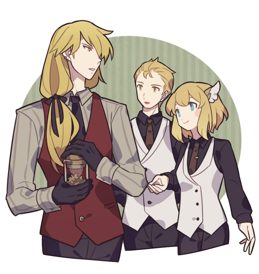 1girl 2boys ares_(fire_emblem) black_gloves black_pants blonde_hair blue_eyes border brother_and_sister brown_necktie closed_mouth commentary cousins cropped_legs diarmuid_(fire_emblem) earrings fire_emblem fire_emblem:_genealogy_of_the_holy_war formal_clothes gloves green_background haconeri hair_ornament jewelry long_hair multiple_boys nanna_(fire_emblem) necktie nintendo outside_border pants red_suit round_border siblings smile suit symbol-only_commentary white_border white_suit wing_hair_ornament yellow_eyes