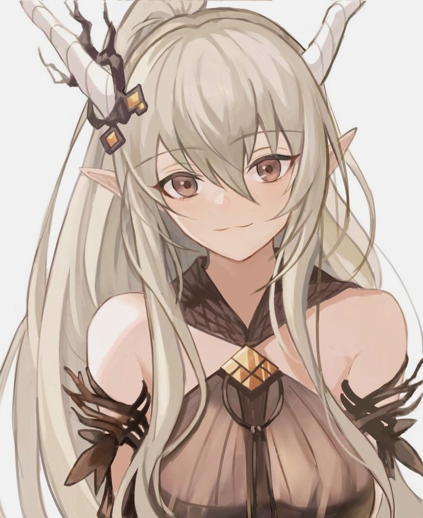 1girl arknights bare_shoulders blush breasts brown_dress brown_eyes closed_mouth commentary_request dress grey_hair hair_between_eyes horns large_breasts looking_at_viewer medium_breasts official_alternate_costume pointy_ears ponytail revision shining_(arknights) shining_(silent_night)_(arknights) simple_background smile solo touchika upper_body white_background