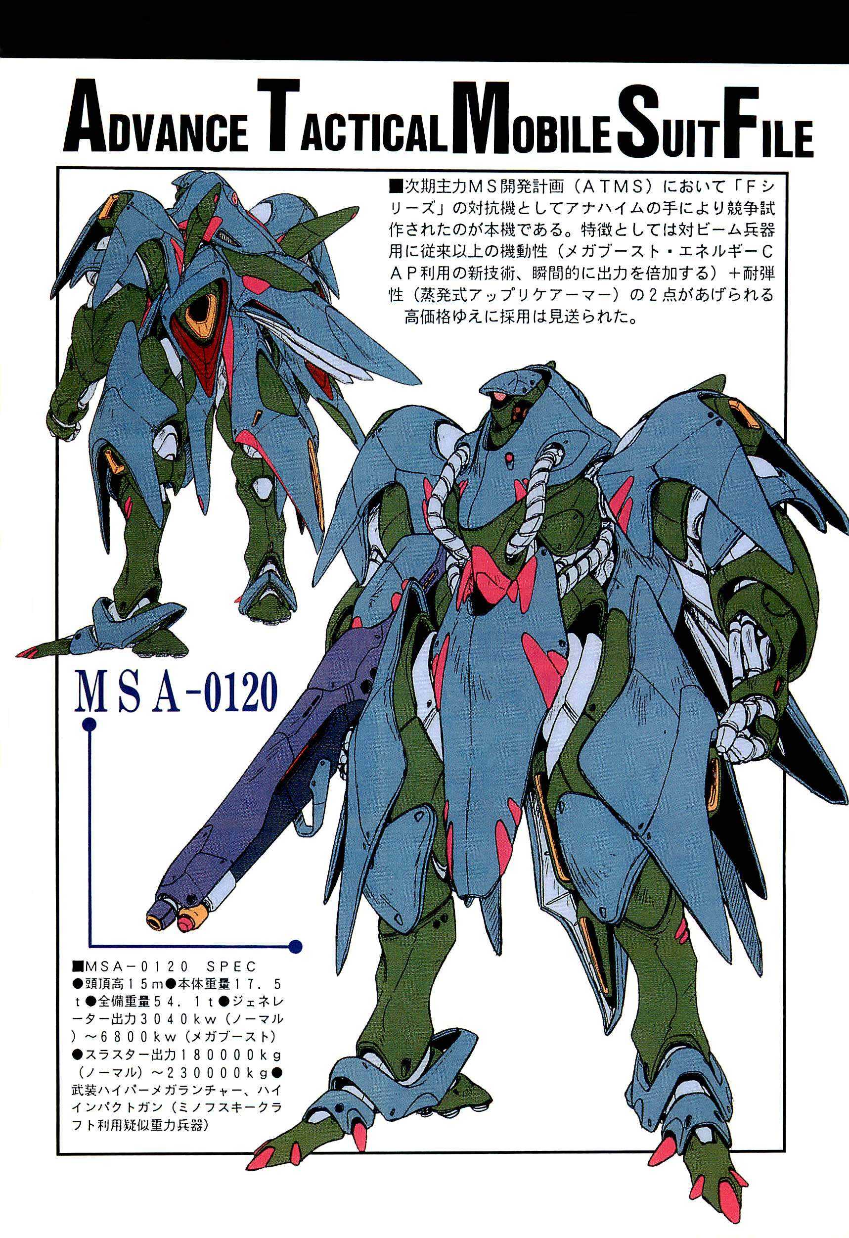 absurdres back beam_rifle clenched_hand concept_art cyber_comix energy_gun fujita_kazumi full_body gun gundam gundam_f90 highres holding holding_gun holding_weapon mecha mobile_suit msa-0120 no_humans non-web_source one-eyed orange_eyes robot scan simple_background standing translated tube weapon weapon_name white_background