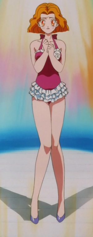1990s_(style) 1girl anime_screenshot bishoujo_senshi_sailor_moon bishoujo_senshi_sailor_moon_s female_focus frilled_swimsuit frills knees_together_feet_apart looking_at_viewer matching_hair/eyes mimete_(sailor_moon) one-piece_swimsuit orange_eyes orange_hair retro_artstyle shoes short_hair solo spotlight stage stitched swimsuit third-party_edit