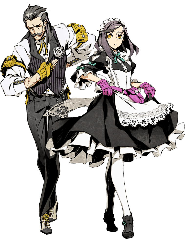 1boy 1girl 7th_dragon_(series) 7th_dragon_iii black_hair butler crossed_legs dress facial_hair fingerless_gloves full_body gloves god-hand_(7th_dragon) crossed_legs maid miwa_shirow mustache official_art pantyhose scar transparent_background vest watson_cross yellow_eyes