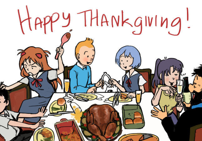 3boys 3girls alcohol ayanami_rei beard black_hair blonde_hair captain_archibald_haddock crossover dog dress facial_hair food ikari_shinji katsuragi_misato long_hair long_sleeves milou_(tintin) multiple_boys multiple_girls neon_genesis_evangelion nvi2762 open_mouth parody school_uniform short_hair souryuu_asuka_langley tintin tintin_(character) wine