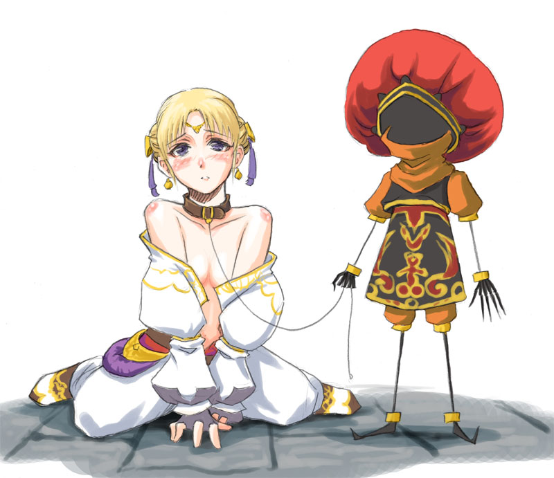 00s afumau_(final_fantasy) bare_shoulders blonde_hair collar earrings final_fantasy final_fantasy_xi hume jewelry leash naka_(cheeseyeast) open_clothes open_shirt ovjang puppet shirt
