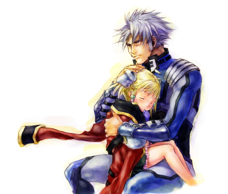 1boy 1girl banpresto blonde_hair hair_ribbon hetero hug irui_guneden nakamura_kanko ribbon sanger_zonvolt short_hair sitting sleeping super_robot_wars thighs
