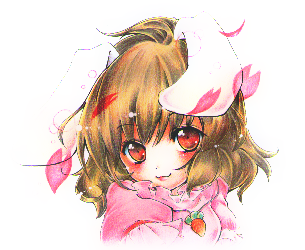1girl animal_ears blush brown_hair colored_pencil_(medium) commentary_request dress inaba_tewi kasabe_miori looking_at_viewer petals pink_dress rabbit_ears red_eyes short_hair simple_background smile solo touhou traditional_media upper_body