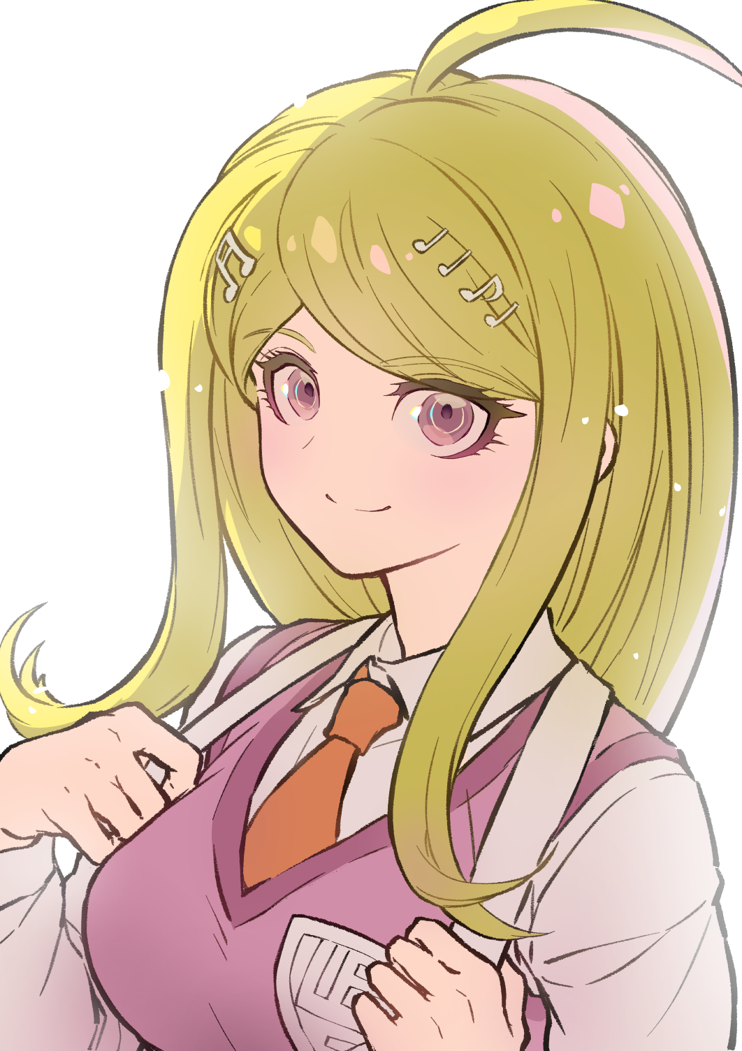 1girl ahoge akamatsu_kaede blonde_hair breasts collared_shirt danganronpa_(series) danganronpa_v3:_killing_harmony fortissimo hair_ornament highres large_breasts long_hair long_sleeves looking_at_viewer musical_note musical_note_hair_ornament necktie orange_necktie pink_sweater_vest shirt smile sweater_vest white_shirt youko-shima