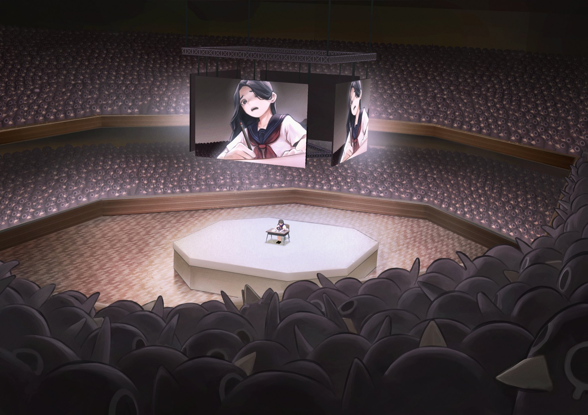 1girl audience bird black_hair black_sailor_collar chair commentary desk english_commentary highres long_hair neckerchief open_mouth original penguin red_neckerchief sailor_collar shirt short_sleeves solo_focus too_many white_shirt wide_shot writing zero808w