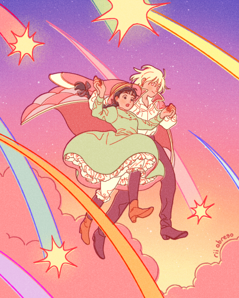 1boy 1girl argyle_clothes argyle_jacket black_eyes blonde_hair bloomers boots braid closed_mouth commentary downscaled dress english_commentary from_below full_body gradient_sky green_dress high-waist_pants high_heel_boots high_heels holding_hands howl_(howl_no_ugoku_shiro) howl_and_sophie_airwalking howl_no_ugoku_shiro jacket jacket_on_shoulders jewelry long_hair long_sleeves medium_hair necklace open_mouth paid_reward_available pants petticoat pink_clouds pink_jacket pink_sky purple_sky resized rii_abrego shirt shooting_star sky smile sophie_(howl_no_ugoku_shiro) star_(sky) sunset underwear walking white_eyes white_shirt yellow_sky