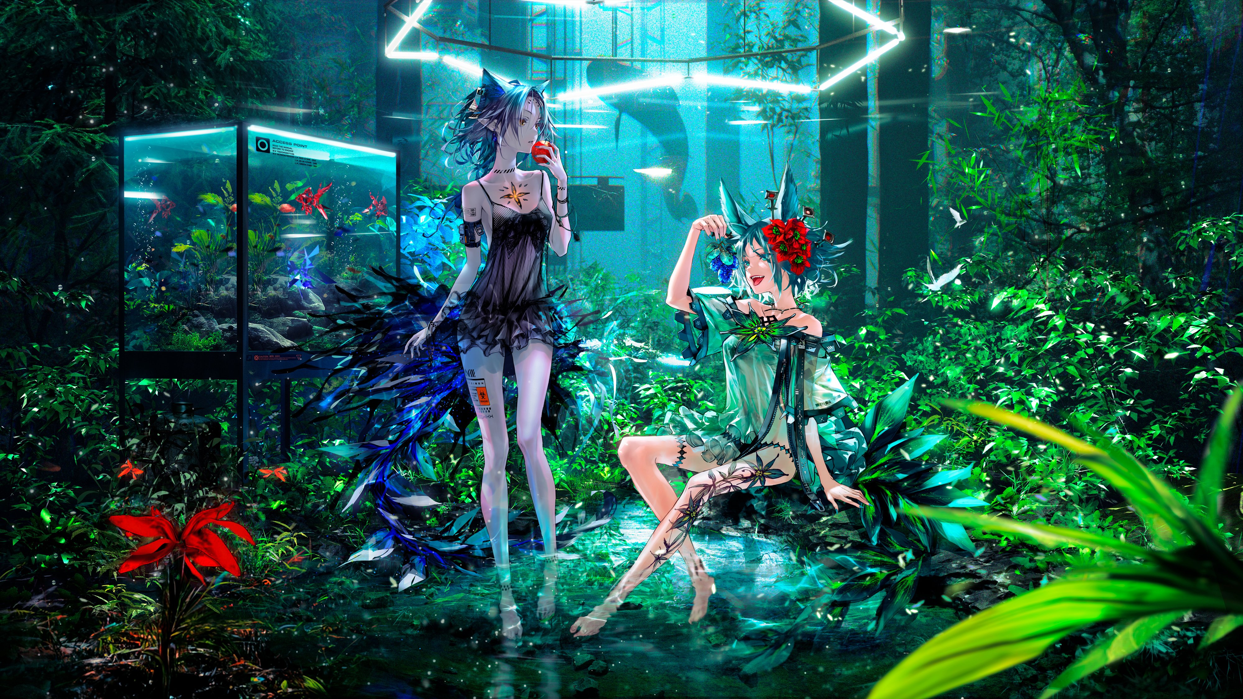 2girls absurdres animal_ears apple arm_up bare_arms bare_legs barefoot black_pantyhose blurry blurry_foreground dark_skin dress ear_tag facial_mark fish fish_tank flower fluorescent_lamp food forehead_mark frilled_dress frills fruit full_body girls_from_hell goldfish green_eyes green_hair hair_flower hair_ornament hand_up highres holding holding_food holding_fruit jewelry leaf leg_tattoo logo_print multiple_girls neck_ring noir_(girls_from_hell) off-shoulder_dress off_shoulder open_mouth pantyhose parted_lips pointy_ears purple_hair redjuice see-through_clothes see-through_shirt shark shirt short_hair sitting spaghetti_strap standing standing_on_liquid tattoo tree vene water yellow_eyes