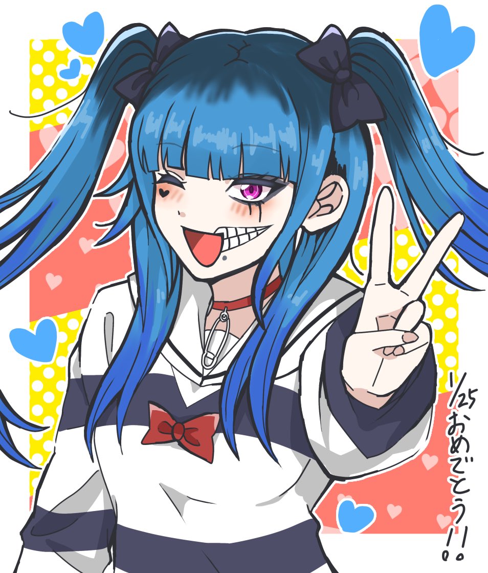 1girl amemiya_darumi black_hair blue_hair blush border collar female_focus heart japanese_text looking_at_viewer makeup multicolored_hair one_eye_closed pink_eyes red_background runny_makeup simple_background smile solo the_hundred_line_-last_defense_academy- translation_request twintails v white_border wink yellow_background