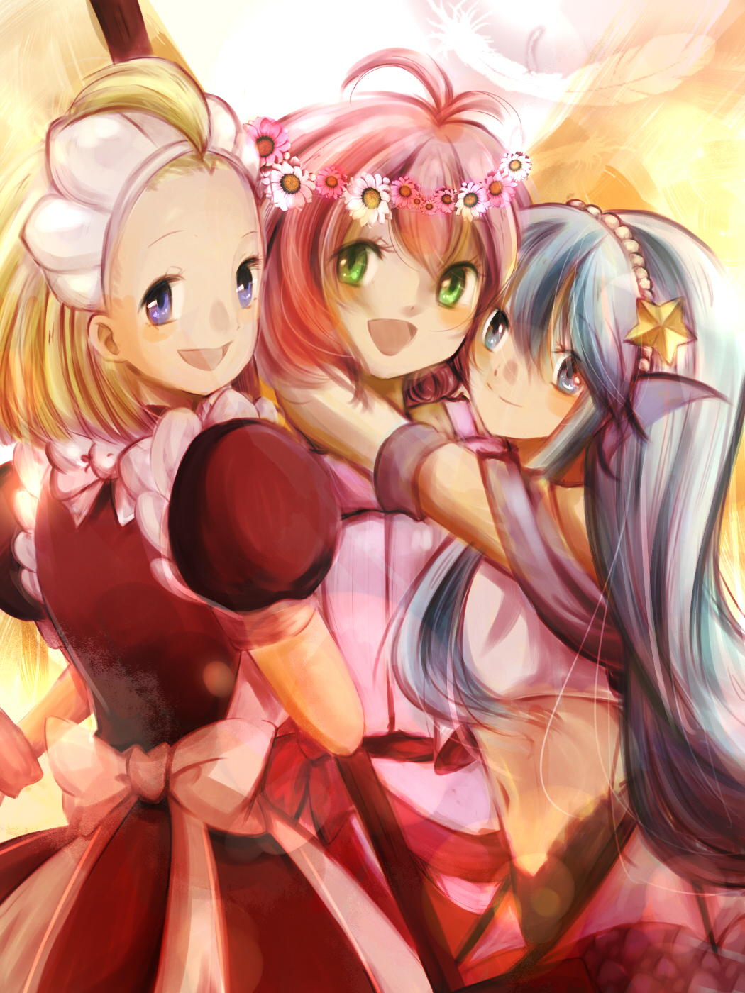 3girls angel angel_wings apron blonde_hair blue_eyes blue_hair blush broom dress flower green_eyes hair_flower hair_ornament harpy_(puyopuyo) highres holding holding_broom hug kikimora_(puyopuyo) long_hair looking_at_viewer madou_monogatari maid maid_headdress mermaid monster_girl multiple_girls open_mouth pink_hair puyopuyo serilly_(puyopuyo) short_hair starfish_hair_ornament violetcolor09 white_apron white_dress wings