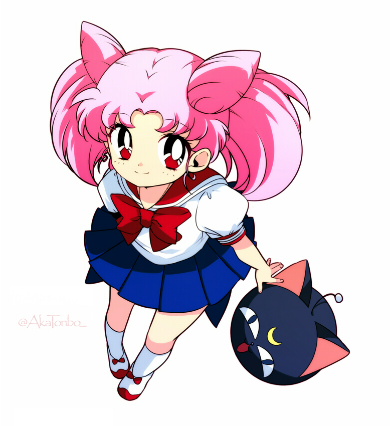1990s_(style) 1girl aka_tonbo_(lililil) bishoujo_senshi_sailor_moon bishoujo_senshi_sailor_moon_r blue_skirt bow chibi_usa cone_hair_bun double_bun female_focus full_body hair_bun luna-p pink_hair pleated_skirt red_eyes retro_artstyle school_uniform serafuku shoes short_hair simple_background skirt smile socks solo twintails white_background