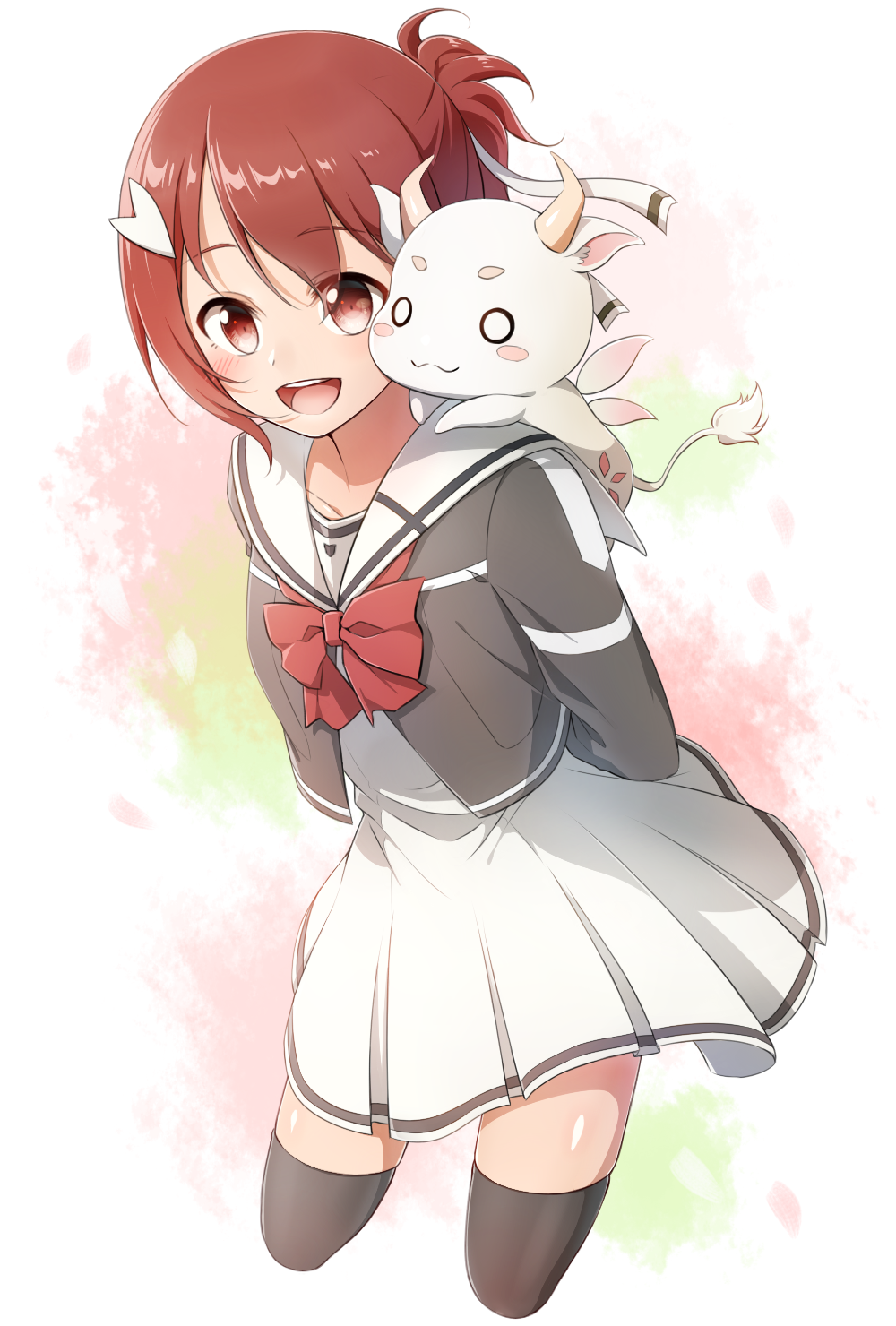1girl :d arms_behind_back black_thighhighs collarbone creature creature_on_shoulder cropped_legs dress eda_udon grey_shirt gyuuki_(yuyuyu) hair_ornament hairclip highres neckerchief on_shoulder open_mouth pleated_dress ponytail red_eyes red_hair red_neckerchief sailor_collar sailor_shirt sanshuu_middle_school_uniform school_uniform shiny_skin shirt short_dress short_hair short_ponytail smile solo thighhighs white_background white_dress white_sailor_collar yuuki_yuuna yuuki_yuuna_wa_yuusha_de_aru yuusha_de_aru zettai_ryouiki