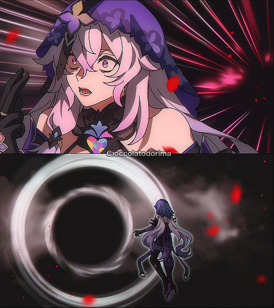 1girl bare_shoulders black_gloves black_hole black_swan_(honkai:_star_rail) cioccolatodorima dress elbow_gloves gloves honkai:_star_rail honkai_(series) horrified long_hair multicolored_eyes purple_dress purple_hair scared solo trembling veil very_long_hair wide-eyed yellow_eyes
