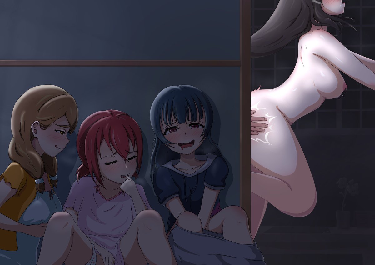 1boy 4girls ass_smack biting biting_own_thumb black_hair blue_hair blush breasts brown_hair closed_eyes clothes_pull completely_nude dark_blue_hair drooling female_masturbation grabbing_own_breast group_masturbation hair_ornament hairclip heavy_breathing kunikida_hanamaru kurosawa_dia kurosawa_ruby large_breasts love_live! love_live!_sunshine!! masturbation medium_breasts mole mole_under_mouth multiple_girls nipples nude open_mouth panties pants pants_pull pink_eyes pink_shirt red_hair sex sex_from_behind shirt smile tsushima_yoshiko underwear voyeurism wada_something white_panties yellow_eyes