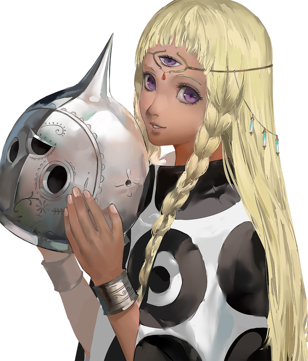 1girl arched_bangs atlus blazpu blonde_hair braid collared_cloak dark-skinned_female dark_skin eupha_(metaphor:_refantazio) helmet holding holding_helmet long_hair looking_at_viewer metal_hairband metaphor:_refantazio patterned_clothing poncho purple_eyes simple_background smile solo third_eye triclops twin_braids very_long_ears white_background