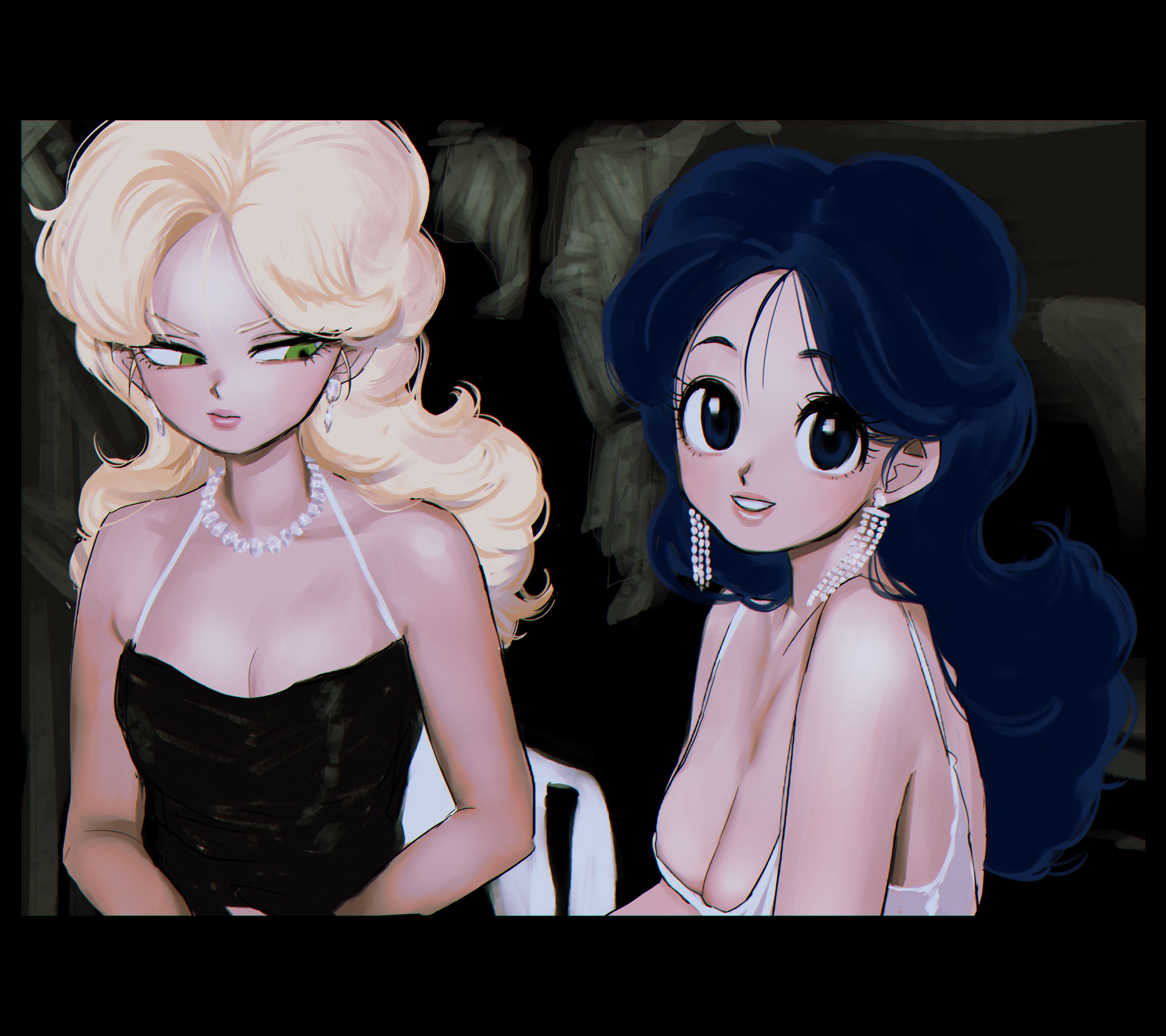 2girls absurdres black_dress blonde_hair blue_eyes blue_hair breast_envy breasts cleavage dragon_ball dress dual_persona earrings green_eyes highres jewelry looking_at_breasts looking_at_viewer lunch_(bad)_(dragon_ball) lunch_(dragon_ball) lunch_(good)_(dragon_ball) mnchki multiple_girls necklace parody pearl_necklace real_life smile teeth white_dress