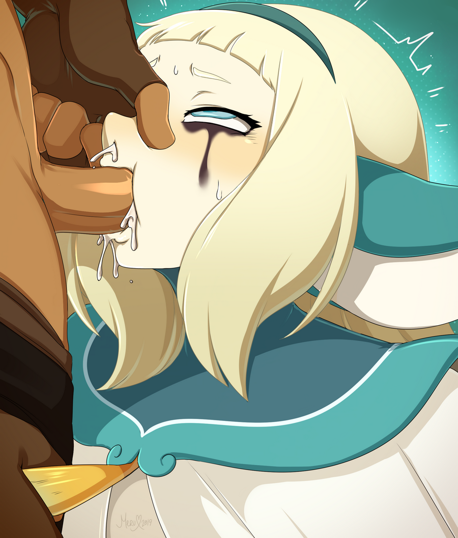 1boy 1girl animal_ears bakara black_hairband blonde_hair blush brown_gloves clothes_pull cum cum_in_mouth cum_in_nose dofus fellatio fingerless_gloves from_side gloves hairband hetero holding_nose irrumatio makeup mascara medium_hair merunyaa multicolored_background oral penis pinching_another&#039;s_nose portrait runny_makeup sweatdrop trembling