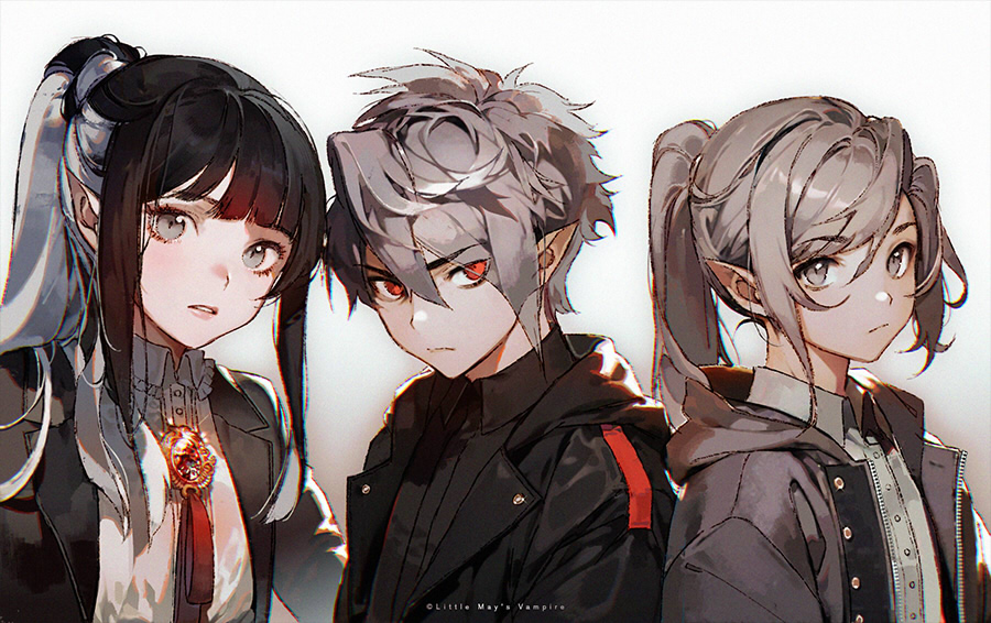 1girl 2boys black_hair black_jacket black_shirt brother_and_sister closed_mouth collared_shirt commentary_request dress_shirt gradient_background grey_background grey_eyes grey_hair grey_jacket hair_between_eyes hood hood_down hooded_jacket jacket kawacy long_hair multiple_boys open_clothes open_jacket original pointy_ears ponytail red_eyes shirt siblings upper_body white_background white_shirt