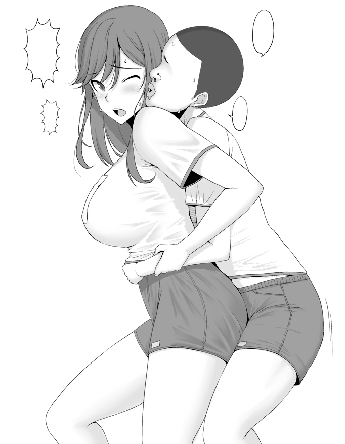 1boy 1girl alternate_breast_size_(larger) bloomers blush breasts buttjob chikan from_behind groping hori-san_to_miyamura-kun hori_kyouko hug humping large_breasts molestation monochrome nervous nervous_sweating non-web_source resisting rubbing shaved_head simple_background surprised sweat sweatdrop taito0630 ugly_bastard uncomfortable underwear