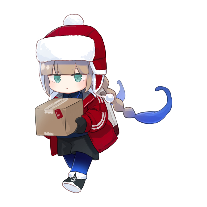 1boy backpack bag blue_hair blunt_bangs boots box braid brown_hair cardboard_box chibi expressionless fate/grand_order fate_(series) full_body fur-trimmed_boots fur_hat fur_trim gradient_hair green_eyes hat holding holding_box jacket kotake_8 long_hair long_sleeves male_focus mittens multicolored_hair nemo_(fate) captain_nemo_(santa)_(fate) pantyhose shorts solo twin_braids ushanka very_long_hair walking