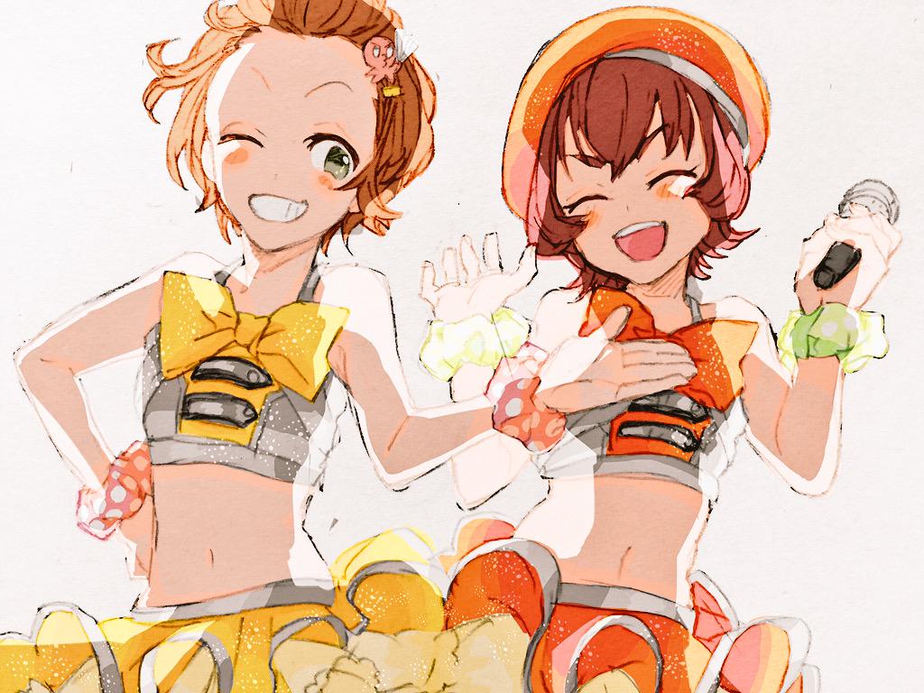 2girls bare_shoulders blush brown_hair closed_eyes crop_top flat_chest forehead gacho_p hat holding holding_microphone idolmaster idolmaster_cinderella_girls microphone multiple_girls namba_emi navel one_eye_closed open_mouth scrunchie short_hair skirt smile squid_hair_ornament teeth ueda_suzuho upper_body wrist_scrunchie