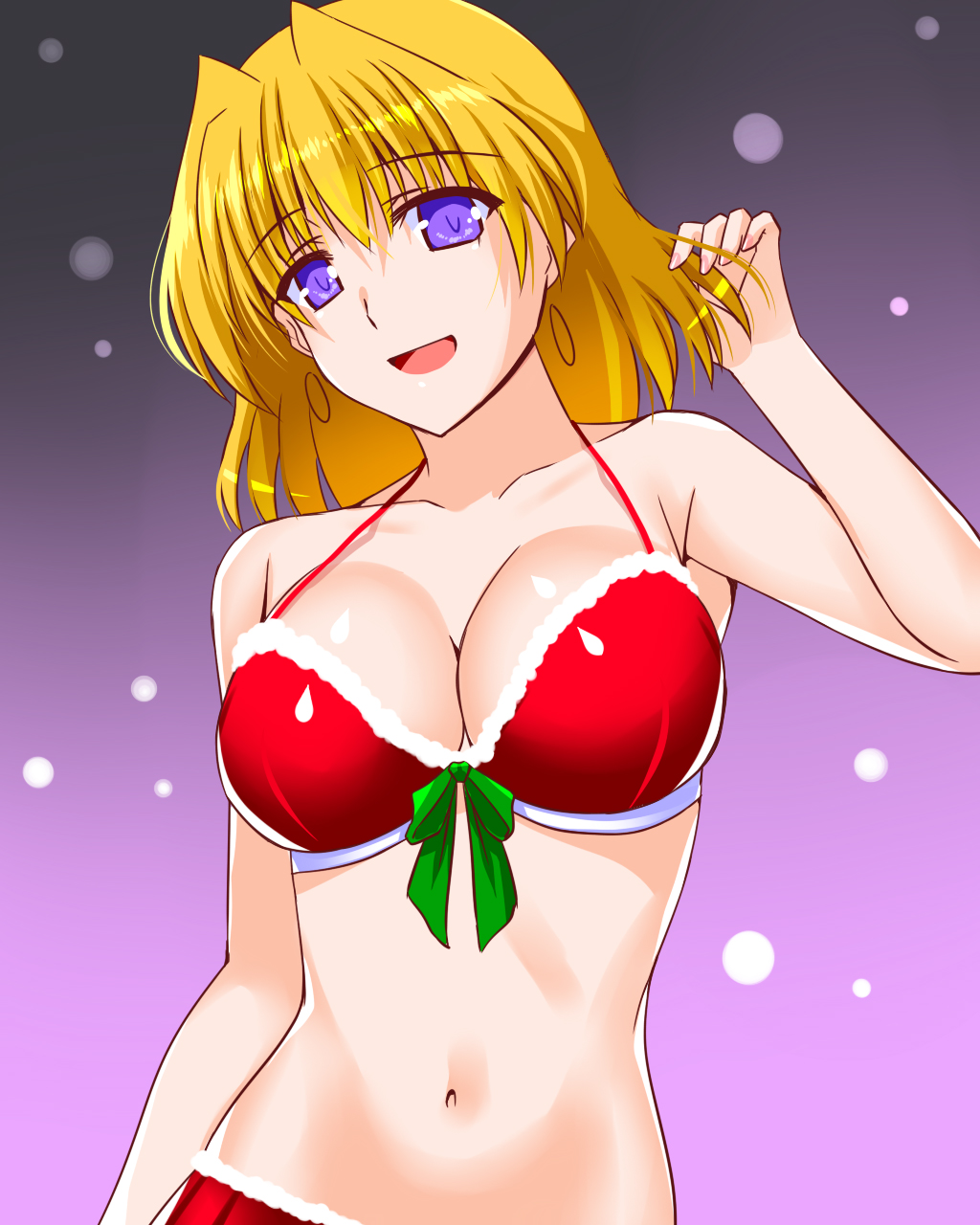 1girl bikini blonde_hair bow bow_bikini breasts christmas cleavage commentary earrings engo_(aquawatery) fur-trimmed_bikini fur_trim halterneck hand_in_own_hair highres hoop_earrings jewelry large_breasts looking_at_viewer lyrical_nanoha medium_hair navel open_mouth purple_background purple_eyes red_bikini santa_bikini santa_costume shamal short_hair smile snowing solo standing swimsuit