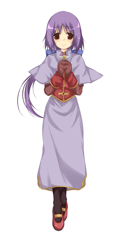 1girl acolyte_(ragnarok_online) black_socks blue_bow blush bow brown_eyes brown_gloves capelet closed_mouth full_body gloves hair_bow large_variant_set long_hair long_skirt long_sleeves looking_at_viewer low_ponytail mary_janes official_art own_hands_together ponytail purple_capelet purple_hair purple_skirt ragnarok:_guild_masters ragnarok_online red_shirt red_shoes shirt shoes simple_background skirt smile socks solo standing transparent_background variant_set yumesato_makura