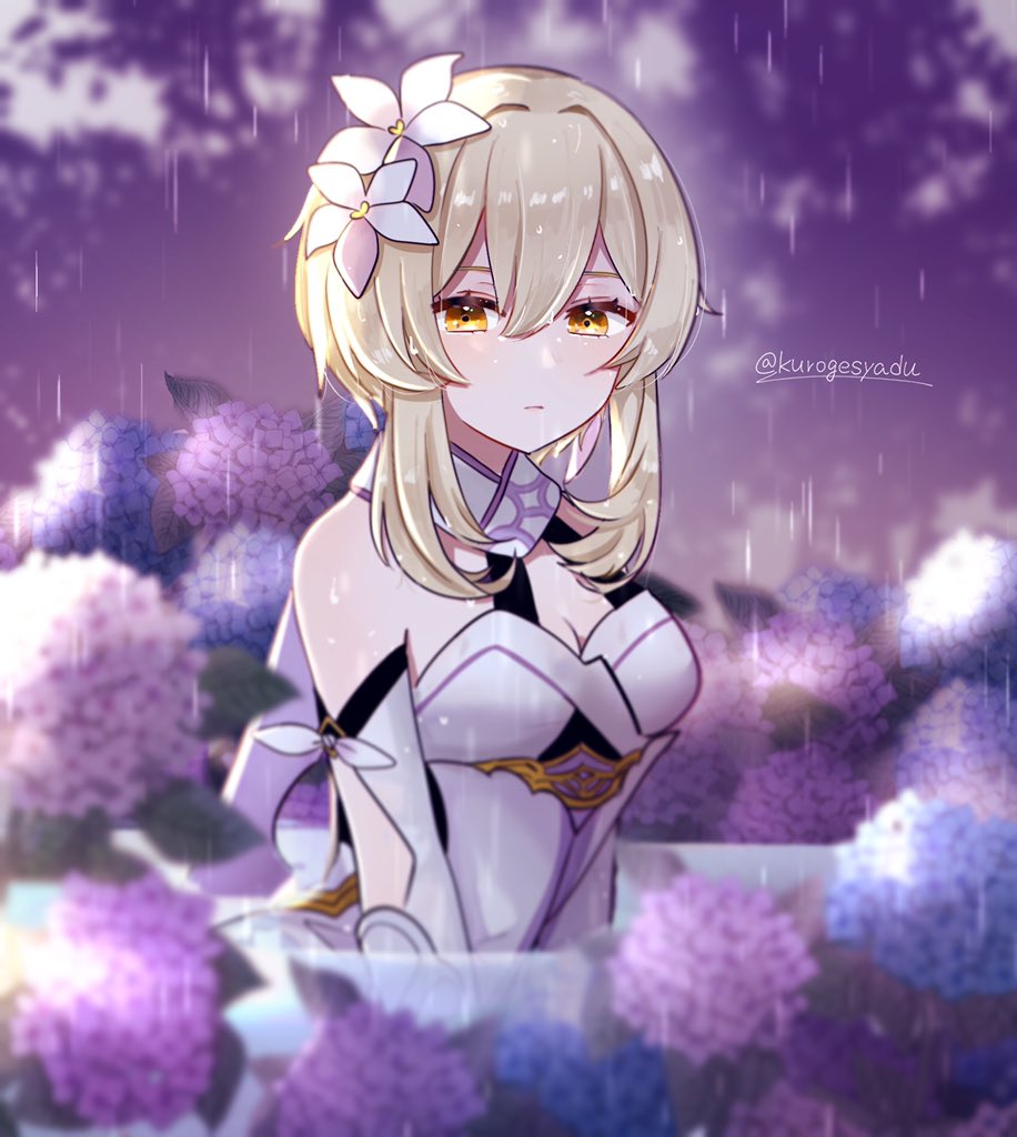 1girl bare_shoulders blonde_hair breasts cleavage closed_mouth commentary_request detached_sleeves dress expressionless flower genshin_impact hair_flower hair_ornament kuromu_shado looking_at_viewer lumine_(genshin_impact) medium_breasts outdoors partially_submerged pond rain short_hair_with_long_locks solo twitter_username water wet wet_hair white_dress white_flower yellow_eyes