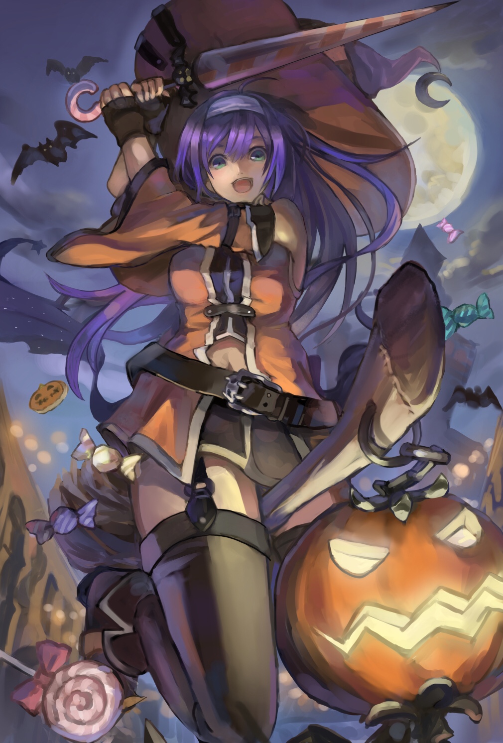 1girl bat_(animal) belt black_gloves black_thighhighs blue_hair broom broom_riding candy clothing_cutout detached_sleeves female_focus fingerless_gloves fire_emblem fire_emblem:_path_of_radiance fire_emblem_heroes food full_moon gloves green_eyes halloween_costume hat headband highres jack-o&#039;-lantern lollipop long_hair mai_yukari mia_(fire_emblem) mia_(halloween)_(fire_emblem) moon navel_cutout night night_sky nintendo open_mouth sky solo thighhighs white_headband witch_hat