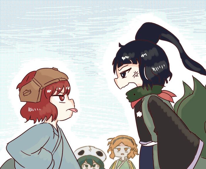 4others adagumo_no_yaorochi ahoge anger_vein arguing black_eyes black_hair black_hairband black_sleeves blowing_raspberry blue_kimono blue_sky blue_sleeves chikafumikou crack frilled_kimono frills from_side green_eyes green_hair green_jacket green_scarf green_sleeves hairband hakama hand_on_own_hip helmet jacket japanese_clothes katano_sukune kimono kitsugai_sese len&#039;en long_hair long_sleeves multiple_others multiple_scarves multiple_tails neckerchief one_side_up open_mouth orange_eyes orange_hair orange_kimono pom_pom_(clothes) purple_trim red_eyes red_hair red_scarf scarf short_hair side_ponytail skull-shaped_hat sky snake_tail tail tongue tongue_out v-shaped_eyebrows watching wavy_hair wide_sleeves zuifeng_tenkai