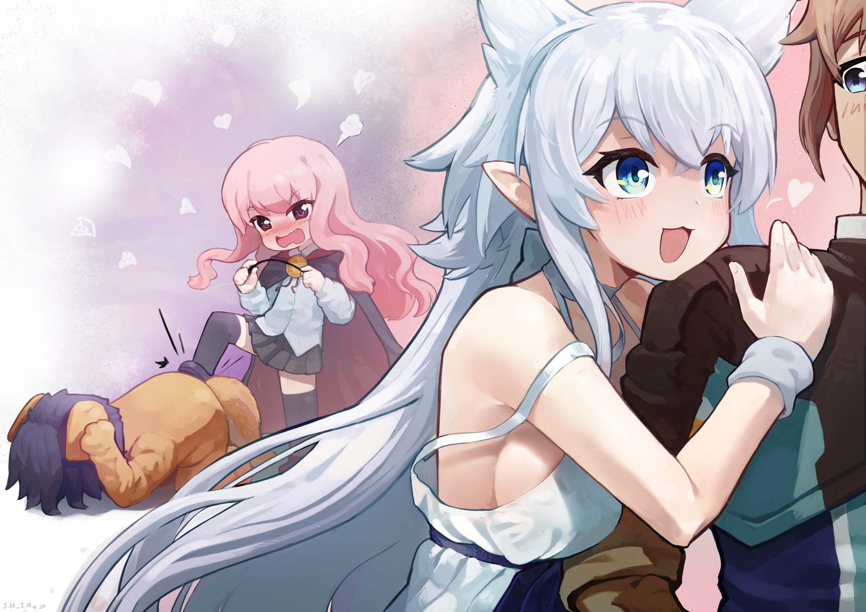 1boy 1other 2girls :3 all_fours animal_costume animal_ears arm_hug black_cape black_capelet black_skirt black_thighhighs blue_eyes blush breasts brown_gloves brown_hair cape capelet dress eyebrows_hidden_by_hair fang fenrys flio full-face_blush gloves grey_wrist_cuffs hair_between_eyes heart highres hino_satoshi hiraga_saito holding holding_wand j.h_j.h kicking kugimiya_rie large_breasts long_hair looking_at_another louise_francoise_le_blanc_de_la_valliere lv2_kara_cheat_datta_moto_yuusha_kouho_no_mattari_isekai_life motion_lines multiple_girls open_mouth out_of_frame pink_hair pleated_skirt pointy_ears puff_of_air shirt short_hair sideboob skirt smile strap_slip tan thighhighs uniform upper_body very_long_hair voice_actor_connection wand wavy_mouth white_dress white_hair white_shirt wolf_ears wrist_cuffs zero_no_tsukaima